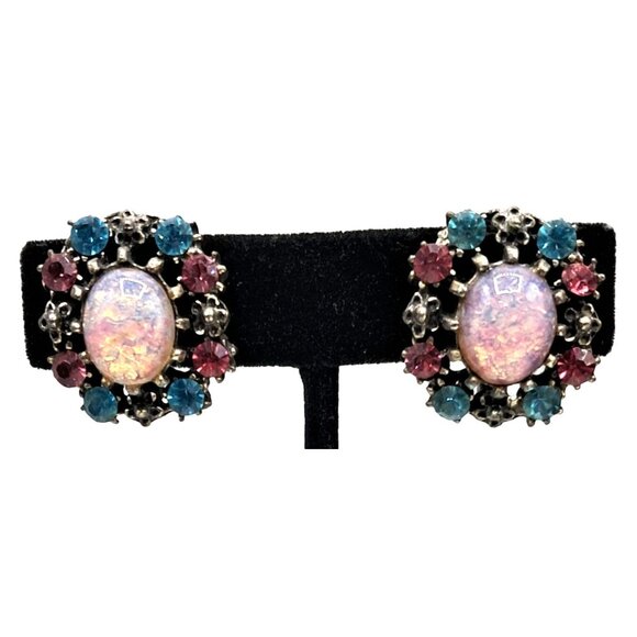 Vintage Coro EarrScrewback Rhinestone & Cabochon Earrings With Blue & Pink Stone - Picture 2 of 7